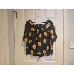 Madewell small- Brown Floral Short Sleeve Blouse with Yellow Flowers